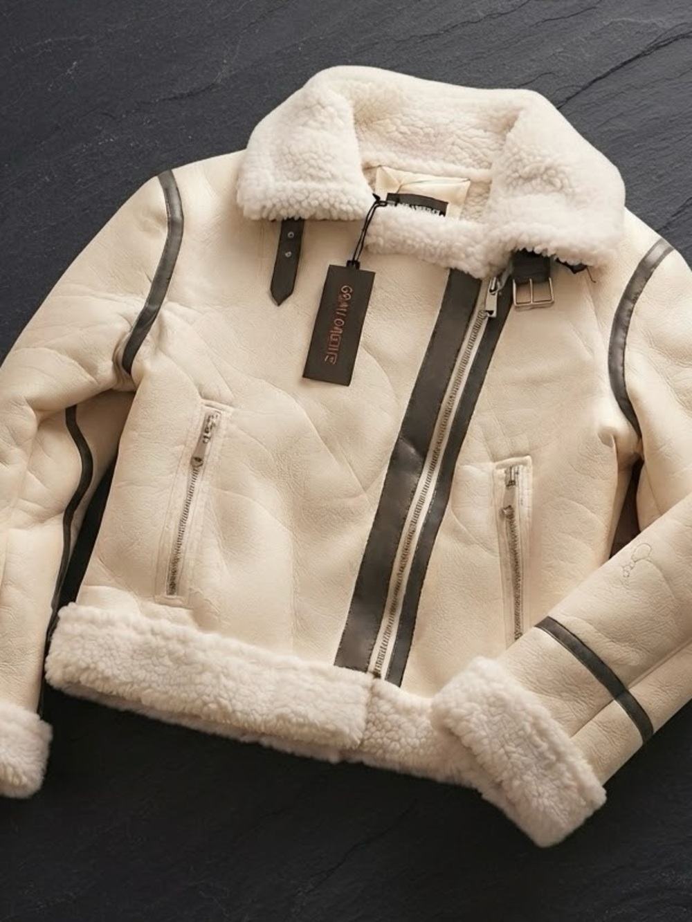 Cream Shearling-Trim Aviator Jacket for Women